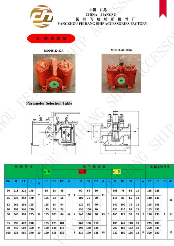 Πίνακας επιλογής για τα κινεζικά πρότυπα CB/T425-94 διπλό φίλτρο πετρελαίου, διπλό φίλτρο πετρελαίου
